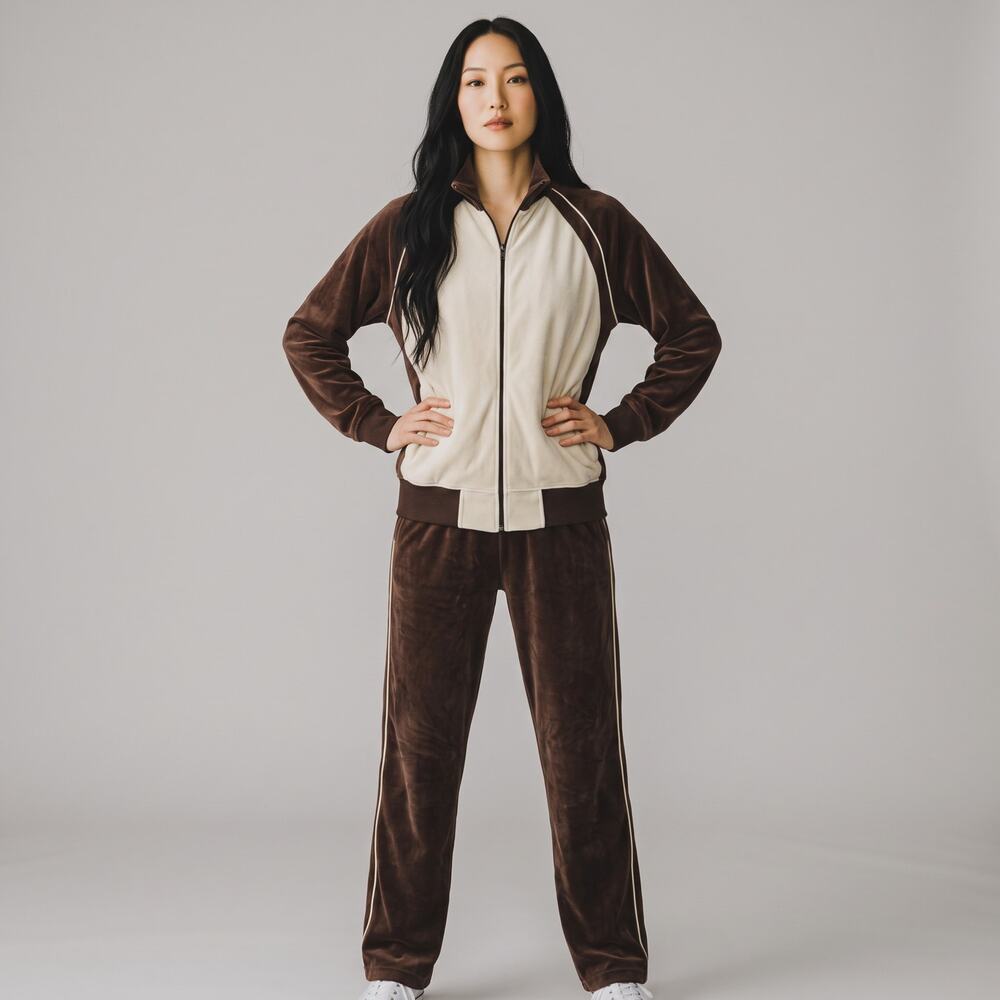 Foot Locker M Two-piece Matching Set Velour Brown Pants Jacket y2k  Tracksuit